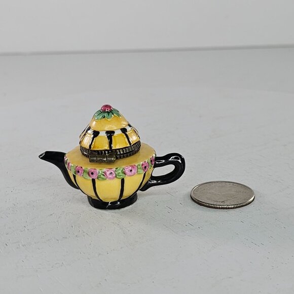 Mary Engelbreit Mini Yellow Teapot Shaped Trinket Box Floral Hinged Lid Enesco - Picture 8 of 8